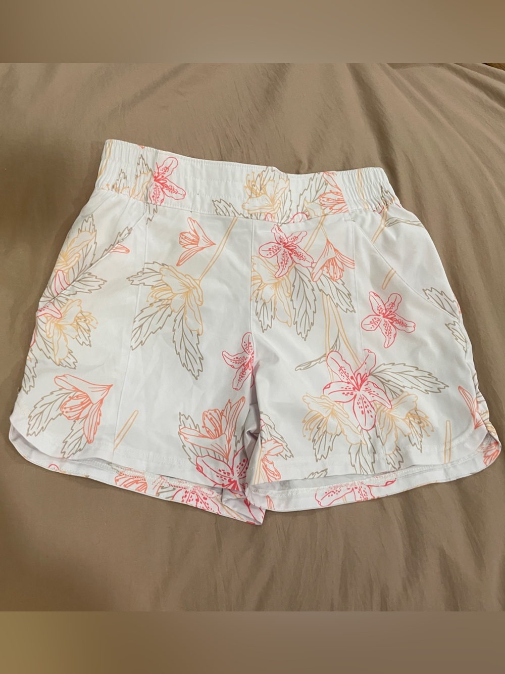 White Floral Athletic Shorts with Pink & Peach Bloom Print
